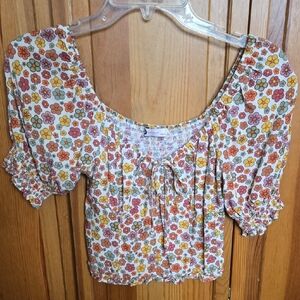 SO Floral Puff Sleeve Crop Top - Multicolor